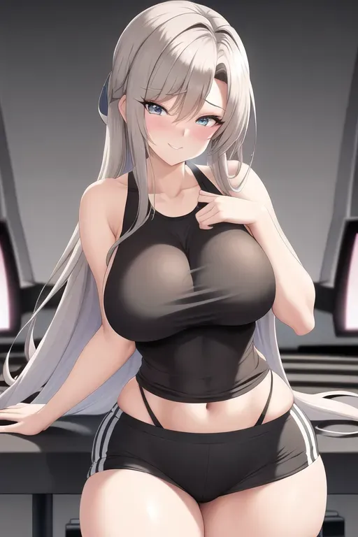 wide shot, 20 year old, a pornstar girl, insanely beautiful, tank top, gray, gym, daytime, studio light, happy, 8k, professional