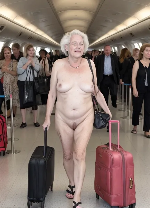 Nude women can now fly for free on airlines. A naked mature lady, saggy and natural shaped hanging tits, middle aged female body shape, carrying her purse, wearing only her sandals, is lining up naked in a public airport at the gate for her airline flight while well-dressed clothed passengers are in line behind her and are astonished to be on a flight with a naked woman.