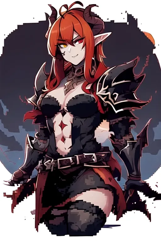 (masterpiece:1.2), (best quality), (ultra detailed), (8k, 4k, intricate),(full-body-shot:1), (highly detailed:1.2),(detailed face:1.2), (detailed background),detailed landscape, (dynamic pose:1.2), <lora:pixel_art:0.7>((pixelart)),best quality, masterpiece, solo, solo guy male tiefling, golden brown hair, golden brown color hair, curled horns devil, androgynous haircut, imp demon , dark paladin, battle axe wielder, warrior, warrior of hell, demon tiefling, hell red power, curled horns, illrigger, armored, 1 male tiefling only, demon, flat chest, posh , leather armor, well groomed, elf ears , jackal imp creature , horns, armored jacket, solo, sharp jagged tail, humanoid, heterochromia, green eye, red eye, determined look in eyes, masterpiece, colorful shirt, short length hairstyle single strand of hair curls on top of head, antenna hairstyle imp demon, ,cute look in eyes, imp demon ,red horns, heterochromia, masterpiece anime style