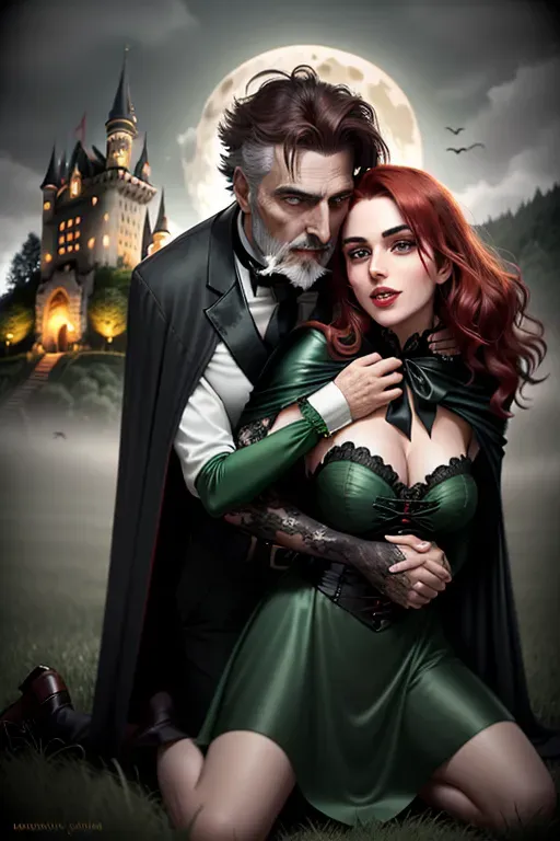 two individuals: One standing One on knees on the ground Medium shot handsome older vampire man in black and red. Dark short hair, glowing red eyes, van dyke beard embracing from behind. One hand around her chin tilting her head to the side, mouth open wide showing 2 vampire fangs. long black cape with very high collar and red lining. Anna of Arendelle. trying to escape, head tilted away from him, pulling away from his embrace, neck pulled tight for his bite. Innocent, good girl, afraid, fearful expression, modest attire, dark green velvet Nordic ball gown, long auburn hair with gentle waves, very pretty, sweet features. European,mature,smaller modest breasts,five fingers per hand,menacing face, beautiful lips,wicked smile,curved eyebrows,ultra realistic,pixiv,unreal engine,bokeh, high res, dramatic lighting, Dracula Castle, moonlit night sky, foggy graveyard