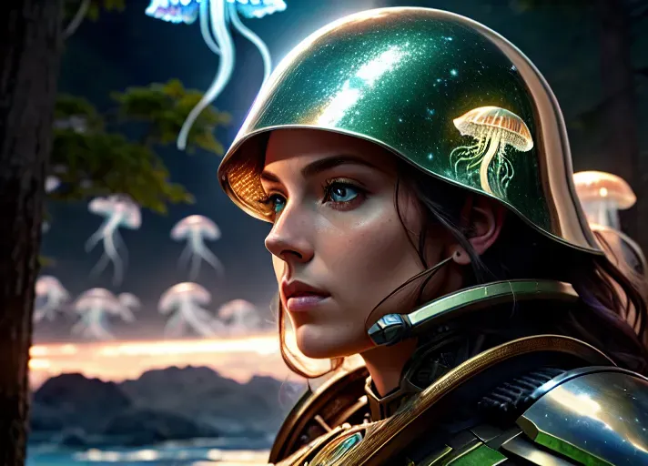 a photograph of, a beautiful elf female soldier wearing a futurist combat suit and holding a very powerful rifle is checking the area in a jellyfish forest, (integral modern armor covering the whole body), modern helmet, (beautiful face), highly detailed face, perfect green eyes, ((face and chest in frame)), ((close up face)), modern equipment in the hair, huge powerful rifle, looking around, <lora:dpmg_jellyfish_forest:1>, sci-fi, science fantasy, HDR, vivid colors, highest quality, highest resolution, (photorealist), photorealism, (masterpiece:1.4)