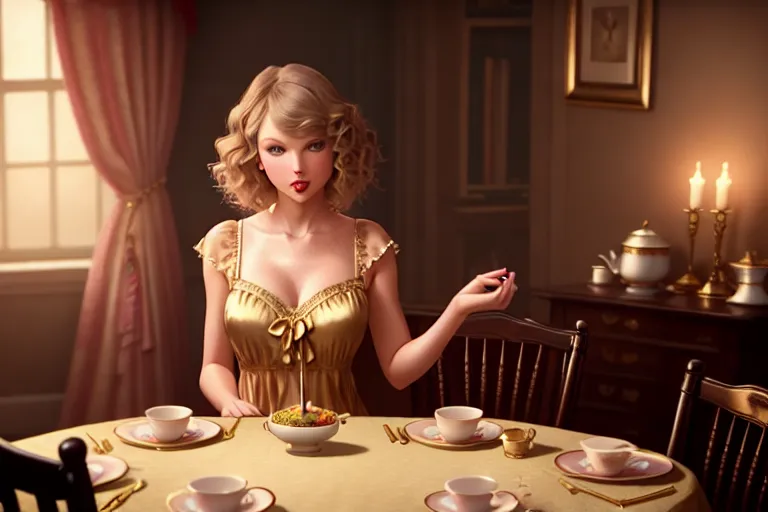 a color pencil draw of,taylor swift,wearing nightgown,shooting from a high point,in a tea party,small breasts,five slender fingers,curly hair,charming face,beautiful lips,brown eyes,curved eyebrows,curved eyelid,cosy,wearing golden ring,cinematic lighting,cgsociety,unreal engine,sharp focus,ultra realistic