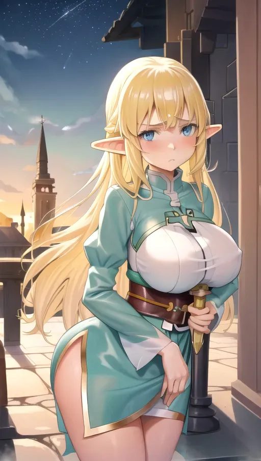 In the style of sword art online, 1girl, shy, innocent, elf, gigantic saggy breasts, saggy breasts, long blonde hair, blue eyes, angel, church, night, <lora:dpmg_legs_up:1>