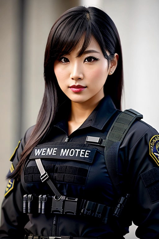 realistic_photo, photorealism, goddess, japanese, black_hair, dark_brown_eyes, medium_breasts, lipstick, eyeliner, (((tactical_black_clothes))), tactical_top, tactical_pullover, realistic, solo_focus, licentious smile, seductive poses, sfw, safe_for_work, small_breasts, thin, thin_body, bulletproof_west