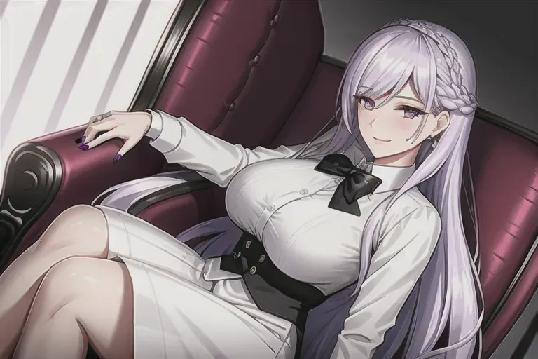 one mature woman, gorgeous woman, detail eyes, violet eyes, long white hair, medium breast, beautiful face, graceful, motherly side plait, beautiful eyes, small diamond ring on left ring finger, smiling, closed white shirt, long formal black skirt, black bowtie, sitting on luxury chair, great lighting, beautiful background, 4k, one mole on right down side lips, one mole on side eye, detail mole, violet nail polish, great drawing, sit politely