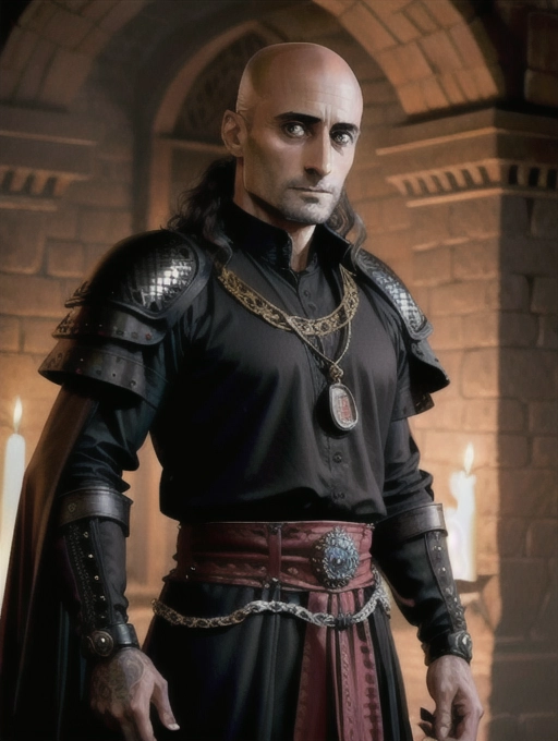 intricate highly detailed mark strong with a goatee as a medieval king wearing a black crown with rubies and medieval dark gray lion armor with red accents