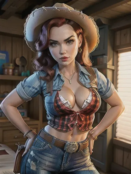 Adult Jessie, Toy Story, medium breasts, wearing Western Gunbelt, sexy pose, realistic pose