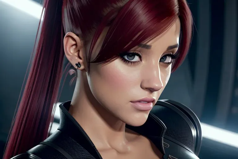 a concept art of,Ariana Grande, confident, in resident evil, in black tactical pants, black military armor, gun holsters, combat boots, five fingers per hand,red hair, ponytail,bangs,strong pose,charming face,beautiful lips, deep eyes,curved eyebrows,textured skin,cgsociety,8k,unreal engine,highly detailed,artstation, deviantart, cinematic, sharp image, centered, medium close up, 8k,studio lighting, head in frame, long neck, entire head in frame,hyper-realistic, no nudity
