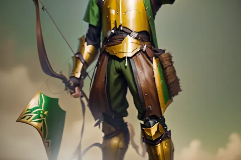 High Resolution, best quality, Artstation style picture of tall man in green and brown armor with a bow