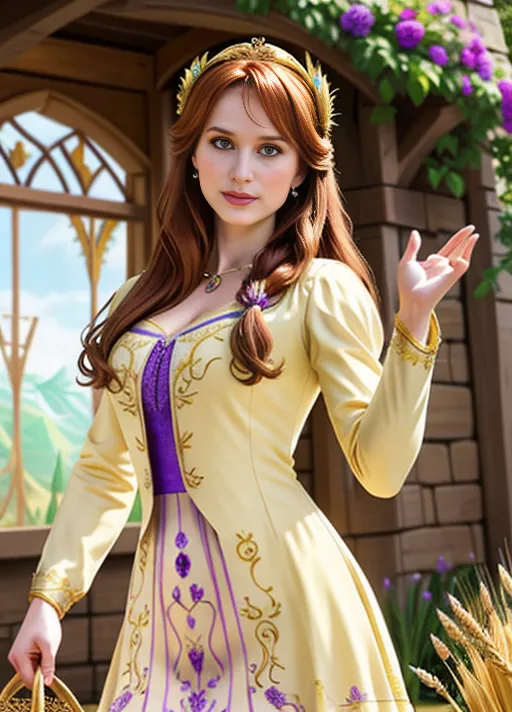 Exploring the wonders of the Harvest Festival, Adult beautiful joyful sweet Anna of Arendelle portrayed by Elizabeth Lail with very big soft sapphire eyes her auburn hair in a low hanging bun in back and single braid on the front top with golden wheat stalk combs slid into the sides, dressed in a cream colored dress with gold and purple embroidery and a light tan jacket. Photorealistic.