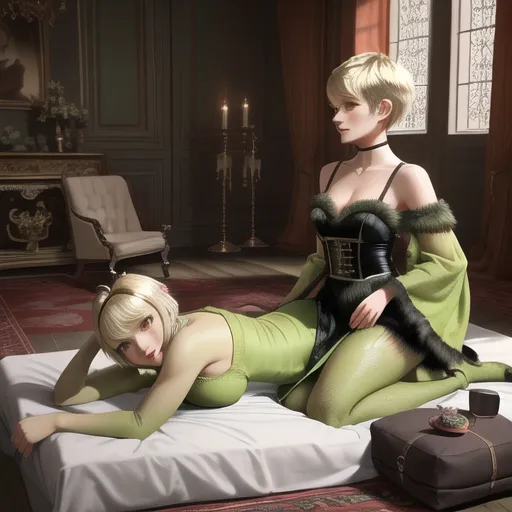 8K highly detailed photograph of close group of 3 women with green aligator skin in a prehistoric age, small curvy goblin women, wearing dress of tiger fur, all three have green skin, pixie cut, black hair, on bed, homo sapiens, dressed in fur, fur in the floor, perfect stone flooring, full body picture, highly detailed face, highly detailed fur dress, masterpiece, realistic, no pubic hair, 8k, dynamic pose, high quality,((short-shaved blonde hair)), full visible body and head,