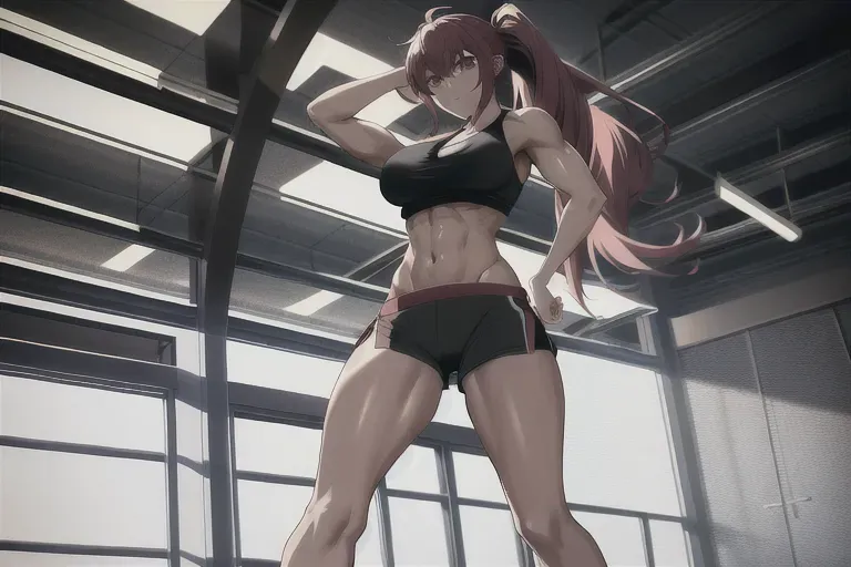 ultrawide shot, 25 year old, an anime girl, athletic, boxer shorts, black, gym, daytime, indoor lights, happy, 8k, professional