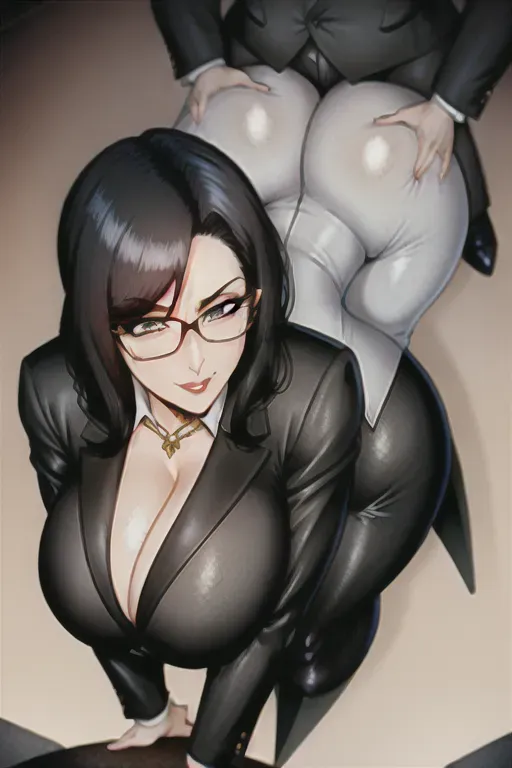black hair, hourglass figure, <lora:dpmg_spitroast:1>, wide hips, milf, secretary, suit and tie, smug expression, NSFW, big breasts, big ass, office background, 8k, detailed