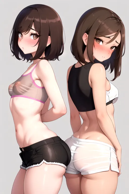 2girls, sexy, short brown hair, brown eyes, no bra, booty shorts, skinny, slut, long eyelashes, cute, blushing, small see through crop top, kissing, medium tits, round ass, bubble butt, on top