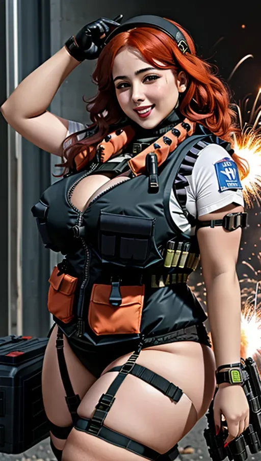 Cute voluptuous (((suicide bomber))), huge breasts, european, (((wearing an explosive vest))), huge ass, thick thighs, red hair, suicide vest, explosive vest, huge breasts, lingerie, bomb vest, suicide vest, cute face, happy smiling, explosives