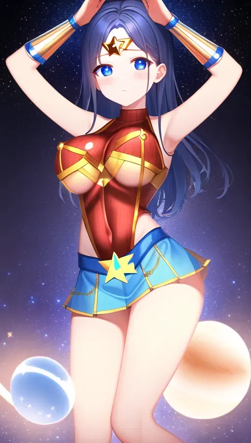 shy innocent woman in tight Wonder Woman costume with blue skirt, thin waist, large round breasts, Golden W on Chest, detailed wonder woman costume, background with stars and planets in space, cosmic background, scared girl