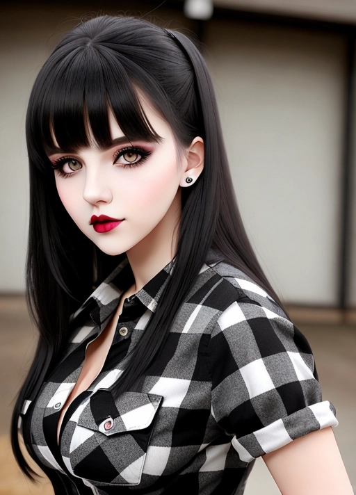 Cute girl, simple grunge makeup, pale colored eyes, black hair, bangs, big lips, realistic face, huge perky busty boobs, gigantic tits, flannel shirt, goth babe, skinny, photorealistic, best quality, ultra high resolution