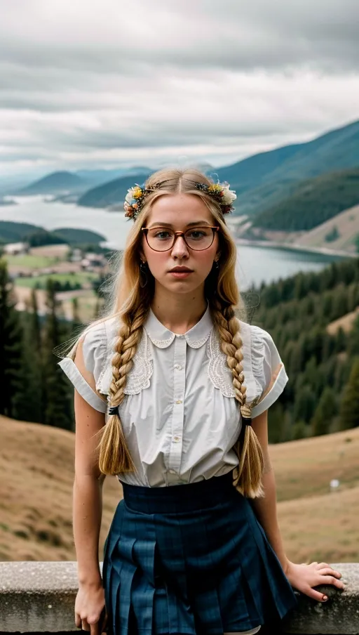 24mm lens, 35mm film, grain, 1900s camera, beautiful girl with blonde hair and cultural face paint wearing cloth, intricate, elegant, urban fantasy, bright grey eyes standing next to a beautiful foggy mountain view. She should have long braided, flowing hair, a captivating gaze, and an alluring expression. looking away, symmetrical eyes, symmetrical background, cinematic film still from 1980s movie, Kodak portra 800, light, airy, glasses and looks attractive, schoolgirl cosplay with satin cloth, dull picture from legs to head