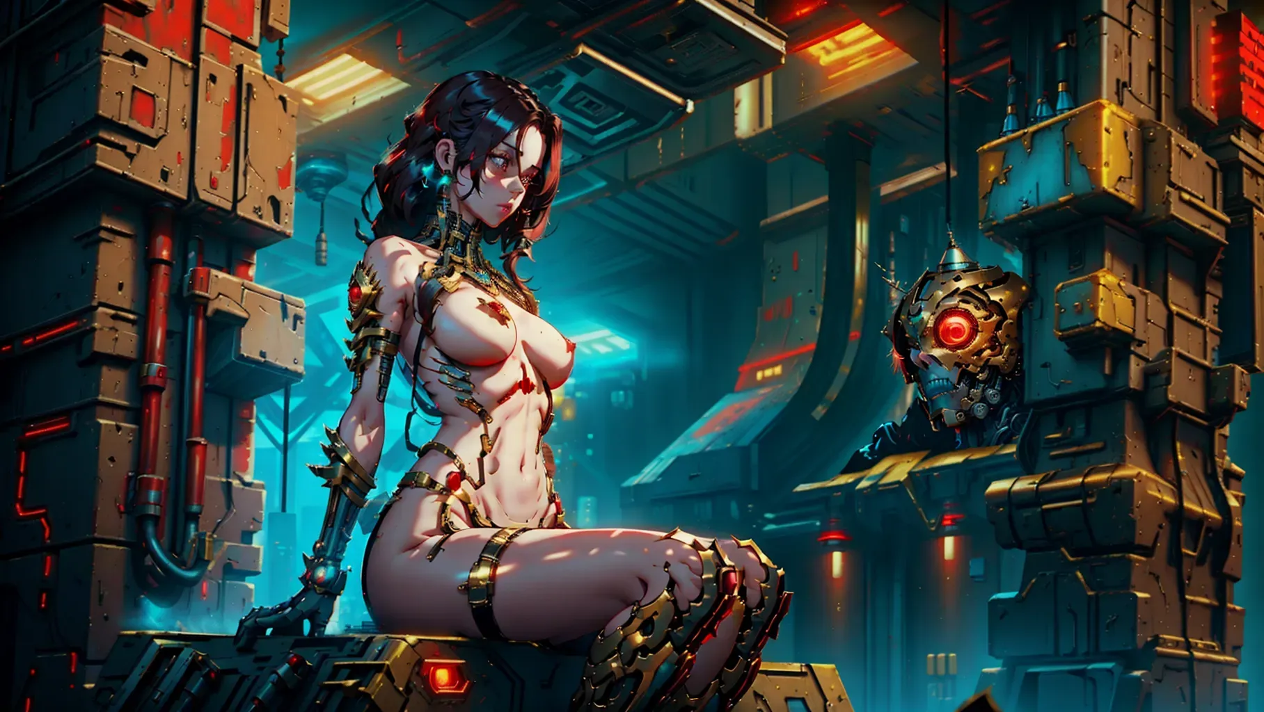 <lora:dpmg_mechanical_parts:1>, pretty 1girl, 8k uhd, dark hair, medium breasts, naked, hive city background, stones, cyberpunk, in the style of warhammer 40k, dark lighting, grim dark, death, gloomy, red lighting, sad, warhammer 40000, war,