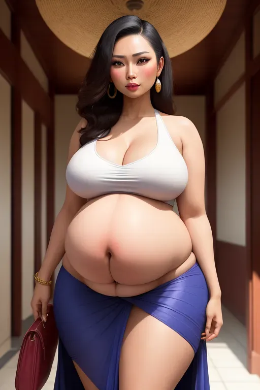 very embarrassed filipina woman, beautiful, young, large round protruding pregnant belly