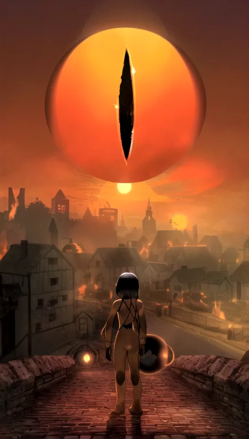 ((the sun in the sky has a thin black oval inside it)),
(The village beneath is on fire),