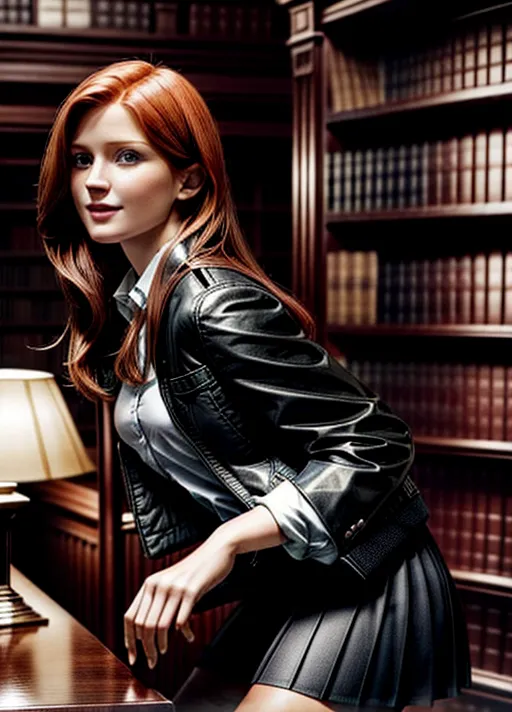 highly detailed realistic photograph of, Bonnie Wright, as Ginny Weasley, Full length body shot, head in shot, body in shot, legs in shot, a beautiful woman, bent over, looking at over her shoulder, small breasts, ((natural breasts)), (((sexy smile))), accurate face, beautiful face, model face, perfectly detailed face, perfect face, perfect eyes, perfect shaped eyes, perfect lips, beautiful lips, detailed skin, perfect skin, five fingers each hand,<lora:dpmg_add_detail:1.6>, HDR, 4k, highest quality, highest resolution, photorealistic, photorealism, masterpiece, sexy women, slim body, perfect anatomy, accurate face, correct facial features, Blue eyes, In a large library, wearing Hogwarts student uniform, black jacket, white shirt, tie round neck short black pleated skirt, skirt pulled up, pussy exposed, unbuttoned jacket, head in shot, body in shot, legs in shot, sexy smile, five fingers on each hand, standing against a bookcase,