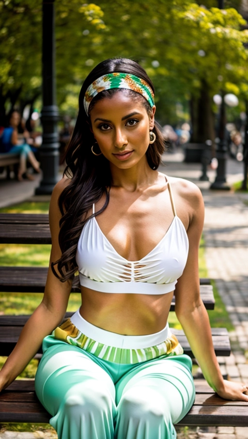 Czech Lady, DARK tanned skin, wild hair, greenish think headband, dark Green tights Cotton top, ((white Harem pants)), sitting astride a park bench without a backrest, Close up