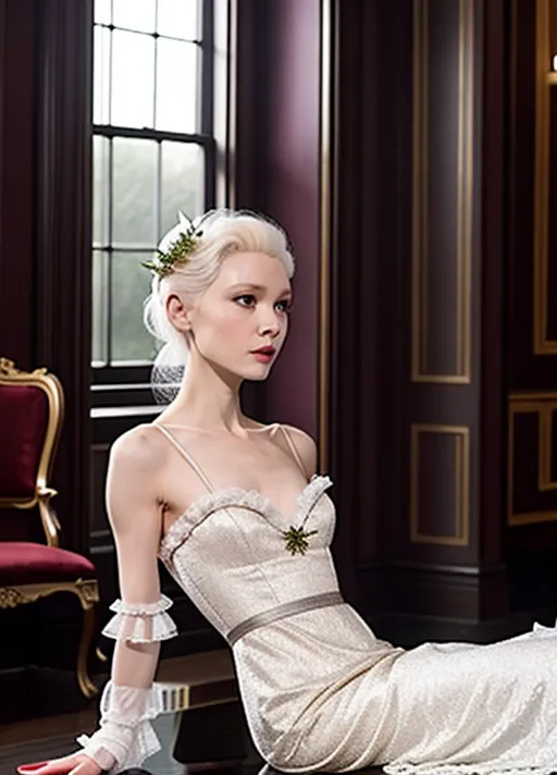 a photo of, juliet landau as drusilla, she is a delicate frail poisonous flower, platinum blonde albino, she is hungry, elegant lacy shift chemise