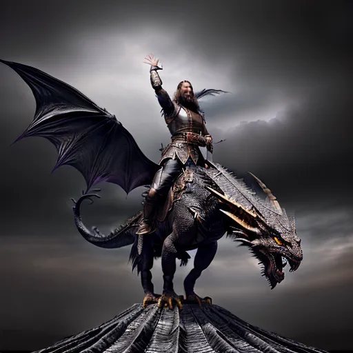 (((A tall handsome (muscular and fit European warrior) with a short trimmed black beard and long black dreadlocks isflying on a realistic black dragon with black and purple scales and two wings through the black sky over a burning battlefield)))
(((Background is dark and smoky sky high above the ground)))
((Subject is wearing shiny elaborate black enamel full plate fantasy armor with royal embellishments and purple trim))
flying dragon
dragon is huge
powerful wings
((warrior is riding the dragon in the sky))
ominous mood
((Photo realistic))
((Realistic textures))
((Realistic skin texture))
<lora:dpmg_add_detail:1>