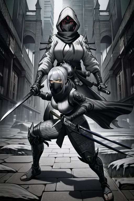 (masterpiece:1.2), (best quality), (ultra detailed), (8k, 4k, intricate), (highly detailed:1.2),(detailed face:1.2), (detailed background),detailed landscape, (dynamic pose:1.2),(best quality), detailed landscape, only 1 female , fenake samurai, street samurai, smart ninja haircut white colored hair, silver hooded cyberpunk clothing , white colored, green dragon scales on scarf , green themed scarf over mouth ,cyberpunk attire , wearing face mask, katana on side of hip, serious looking , anti hero type, steel type pokemon trainer, background in ruined rundown cathedral, ((masterpiece)) , full body , ready pose , battle pose ((masterpiece)) <lora:manga_lineart:1>