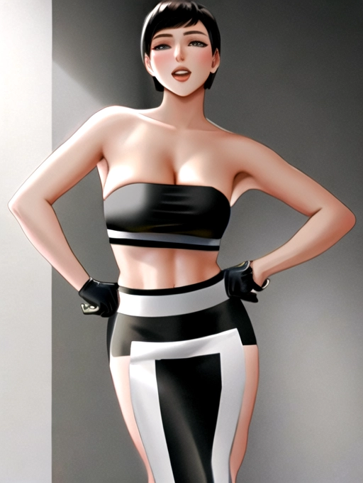 beautiful tall muscular young woman with very short hair and large breasts wearing a black bandeau top and black and white skirt, 4k, best quality, highest possible quality, masterpiece