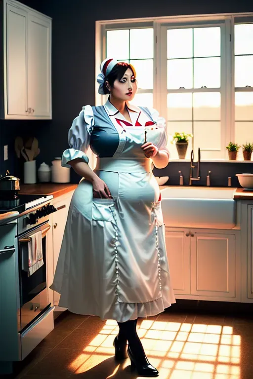 wide shot, 20 year old, a maid, thicc, maid clothes, white, kitchen, sunset, indoor lights, happy, 8k, professional