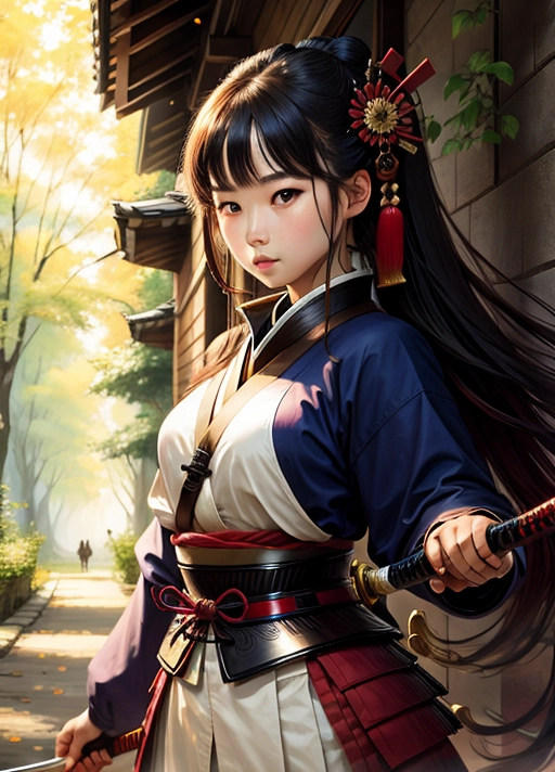 (best quality, masterpiece), 1girl, katana, samurai, looking at viewer, dual wielding, tree, leaf,