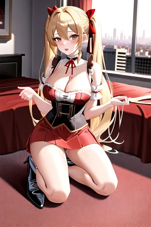 long blonde hair, brown eyes, pale skin, giant breasts, red maid uniform, showing cleavage, bedroom, pov, looking at viewer, miniskirt, black corset, high heels, overlooking city, 4k, 25 years old, full body photo, choker, low pigtails