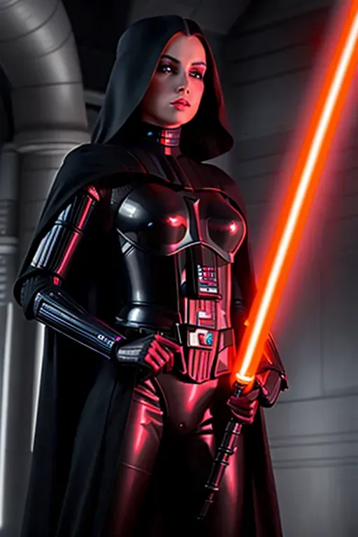 a photograph of, a female Sith, full body, wearing black futuristic armor, holding darth vaders red lightsaber in her right hand, in a dark temple, with glowing orange iris five slender fingers, beautiful lips, curved eyebrows, curved eyelid, beautiful eyes, professional, ultra realistic,