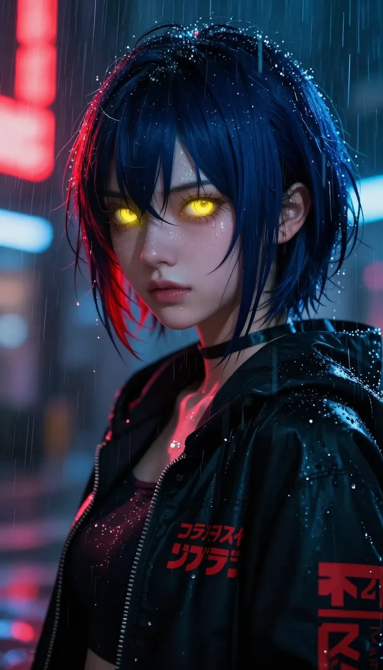 digital art, anime-style, close-up of a young woman with short, dark blue hair, glowing yellow eyes, and red highlights, wearing a black jacket with red Japanese text, rain falling vertically, neon red and blue lights in the background, wet skin with reflective highlights, intense and mysterious expression, urban nighttime setting, cyberpunk aesthetic, moody and dramatic lighting, sharp and detailed textures, focus on the woman's face, blurred background with neon signs, vibrant and contrasting colors, rain streaks adding dynamic movement, high contrast, atmospheric and futuristic vibe, detailed and realistic rendering, anime character design, evocative and immersive scene, cyberpunk cityscape elements.
