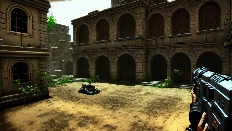 A first person shooter game in the style of Duke Nukem 3D shooting aliens and demons, old graphics from the 1980s Commodore64 and Amiga computers, crypts, graveyards, temples, courtyards, castles, monsters, demons, aliens, undead, soldiers, action-packed,warfare,