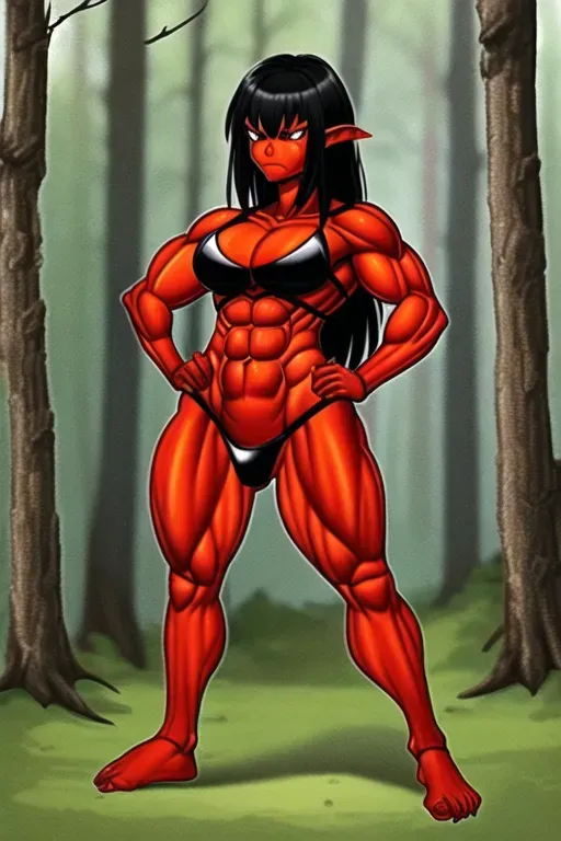 Goblin woman, red skin, black hair, muscular, tall, armor, stern face, hands on hips, full body, forest background, alone, wide hips, breasts,