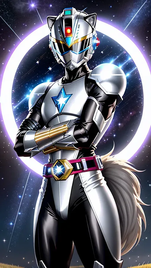 Silver power ranger, with starfield arms, and a length of claws on his right arm. silver spandex, no cape, arms covered in a field of stars, circular belt buckle, power ranger, lion head helmet, no hair, covered face. full face helmet, super sentai art style, mighty Morphin power rangers, rounded helmet