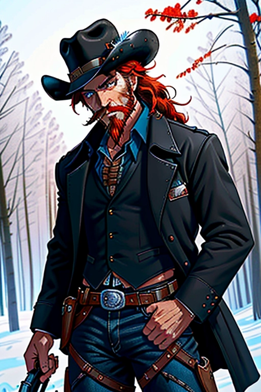 Old wild west, A badass cowboy riding his badass horse, ex-confederate officer for the C.S.A., black cowboy hat with white band and a feather, red hair, red beard, sharp blue eyes, gritting teeth, strong chin, a scar across his face, strong build, black cowboy outfit, long brown trench coat, black boot cut pants, two six shooter revolver pistols, one gun drawn, the other gun is in the holster, two gun holsters, gun belt with bullets line in, black cowboy boots with spurs, riding in the saddle of his black horse, in the forest, fending of a pack of wolves, ((high definition)), ((4k quality)), ((excellent lighting)), ((great shading)), ((pristine detail)), ((really clear picture)), ((beautiful vibrant colors)), ((accurate at lower prompt guidence)), ((ultra realistic)), (((five fingers per hand))), (((two arms per person))), (((two legs per person))),
