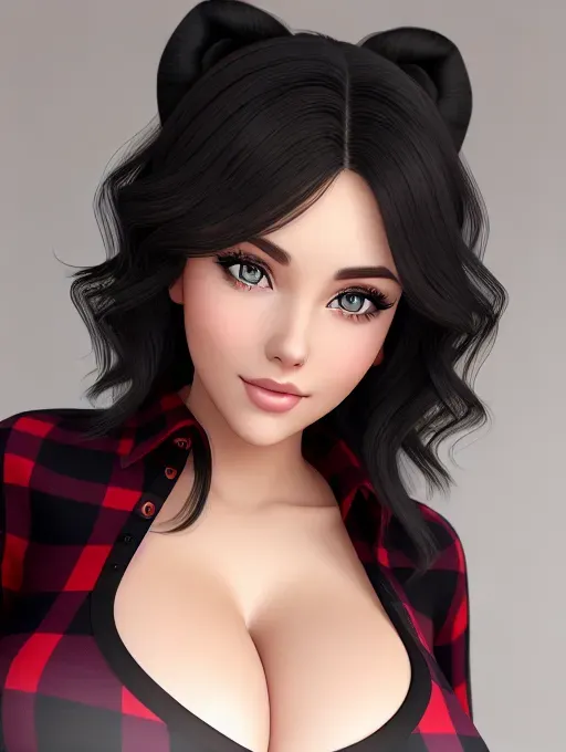 Gorgeous young European woman, photo cute attractive young face, large wide doe eyes, light colored eyes, big bimbo lips, black hair, huge pert tits, tight flannel shirt, photorealistic, best quality, ultra high resolution