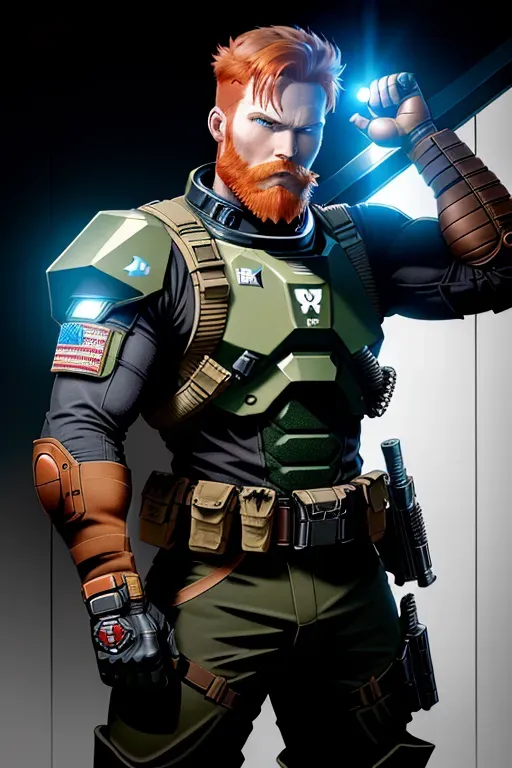 Violent, action, space commando, colonel rank, red hair, red beard, chiseled features, blue eyes, strong chin, tall, strong and fit, tan camo armor, futuristic gun in right hand, utility belt with sword, imperialism, combat, high definition, 4k quality, cinematic lighting, great shading, excellent detail, five fingers per hand