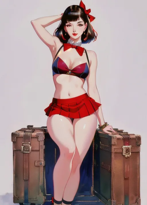 mj, masterpiece watercolor painting, betty page in a mini skirt, half body, posing, flirty, white background, makeup, red lips, maximum details, fine art, elegant, <lora:add_detail_44319:0.4>, (highest quality:1.8), highest resolution, (photorealistic:1.72), -s 55, -A dpm_2m_karras,