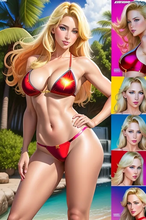 Experience a vibrant, colorful comic book drawing of Jill, a beautiful English girl, aged 20, features of Anna Kournikova crossed with Agnetha Faltskog, beautiful face, medium length blonde hair, blue eyes, rosy complexion, donning a meticulously detailed and dazzling red bikini, full body and thighs visible, revealing her smooth skin, and alluring figure. Amidst a lush summer landscape Stylized in a normal, yet alluringly photorealistic approach, with special attention to detailed skin, face, and body features.