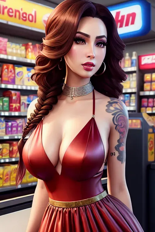 a digital painting of,nick minaj,wearing frock,shooting from a high point,at the convenient store,big breasts,five fingers per hand,fishtail hair,beautiful face,beautiful lips,brown eyes,curved eyebrows,pale skin,erotic,tattoo,cgsociety,unreal engine,bokeh,8k,ultra realistic
