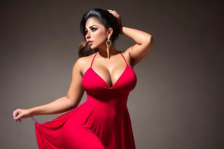 a RAW photo of, a young Latina woman (20 yo),wearing a flowing dress showing leg and cleavage,dancing at home, medium breasts, full body shot, five fingers per hand,ponytail,beautiful face,beautiful lips,curved eyebrows,8k,ultra realistic,professional, well lit,studio lighting
