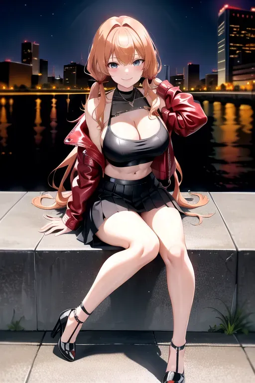 full body, strawberry blonde hair, brown eyes, short girl, red miniskirt, black high heels, looking at viewer, long hair, pale skin, silver necklace, black crop top, 24 years old, giant breasts, cute face, pov, wavy hair, city environment, Oklahoma City, wide eyes, erotic, skirt tug, leather jacket, nighttime, black backpack, slim body, low pigtails, sitting on wall, smiling, cleavage