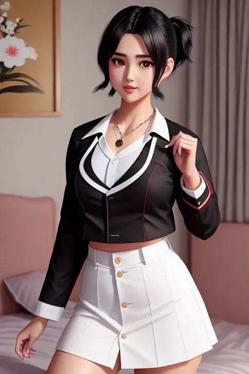 a photograph of,bella poarch,wearing japanese high school uniform,standing,on the bed,small breasts,five slender fingers,short hair,gorgeous face,beautiful lips,black eyes,curved eyebrows,joyful,wearing necklace,smooth,8k,pixiv,unreal engine,ultra realistic
