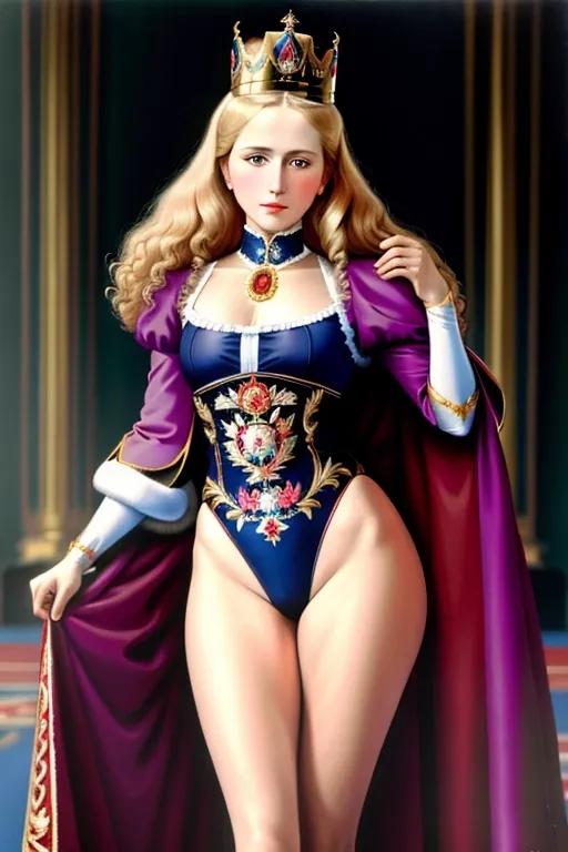 Colour painting of the Grand Duchess Olga Romanova of Russia, ((accurate face)), in gymnastics leotard, ((full body and thighs visible)), elaborate embroidered robe and Imperial Russian crown academic art