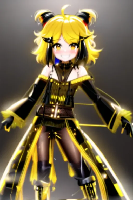Yellow and medium length hair, black eyes, 4k,exotic, explicit, shy, blush, smile, horns, boy